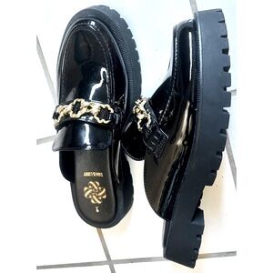 Sam & Libby chunky mule black loafer platform leather gold chain - Size 9